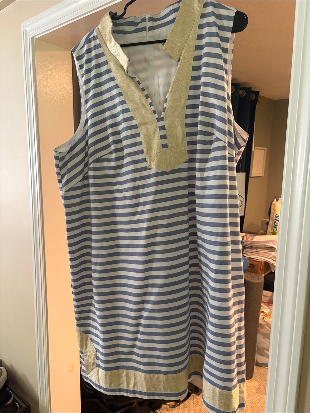Eliza J Blue and White Striped Midi Dress with Gold Trim